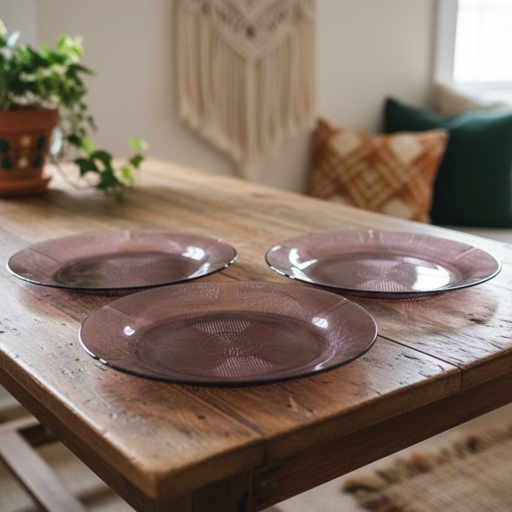 Forte Crisa Amethyst Dinner Plates, Set of 3, Vintage Purple Glass Tableware‎